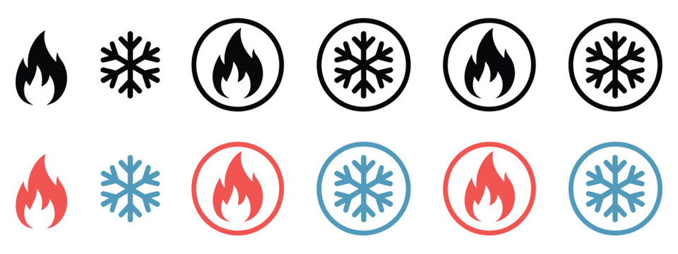 Snowflake and fire icon set, featuring hot and cold symbols, clean modern vector style, ideal for seasonal branding, weather indicators, digital illustration, and graphic design projects.