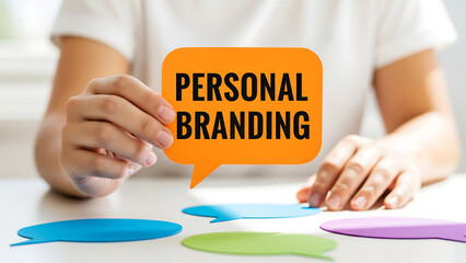 personal branding bubble. person holding orange speech bubble with personal branding text for marketing concept