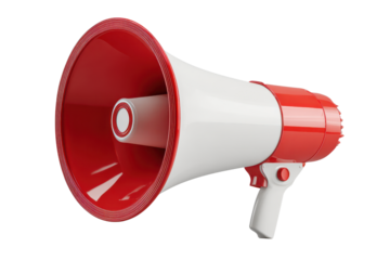 Red and white plastic megaphone object isolated on black background bullhorn loudspeaker