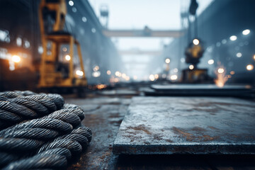 Workshop at shipyard with metal plates and blurred rope close to lens showing activity and workspace