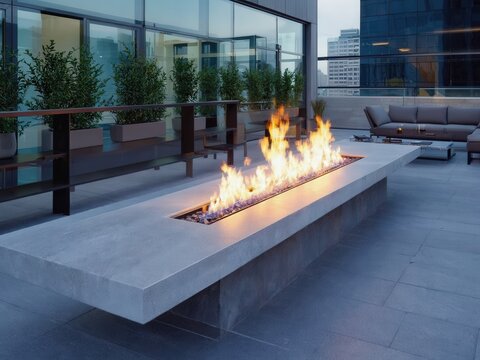 A modern outdoor balcony features a sleek tabletop fire pit with flames dancing above decorative stones. Surrounding plants add greenery to the urban setting.