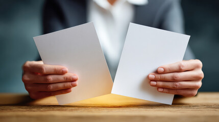 Business person comparing two blank cards with thoughtful expression, warm light