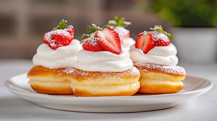 Fresh Strawberry Topped Cream Cakes with Whipped Cream Delight