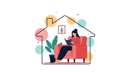 Peaceful woman sits in a red armchair reading a book inside a minimalist house outline surrounded by colorful abstract circles.