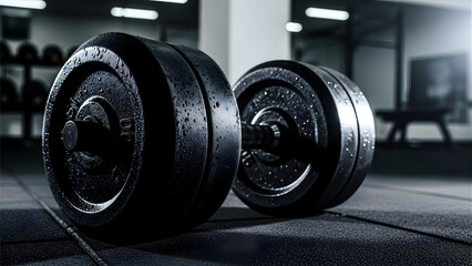 Fototapeta premium Close Up of Heavy Black Dumbbells on Dark Rubber Gym Floor with Dramatic Lighting