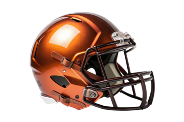 Shiny Metallic Copper American Football Helmet with Dark Facemask and Straps Isolated on Black transparent background