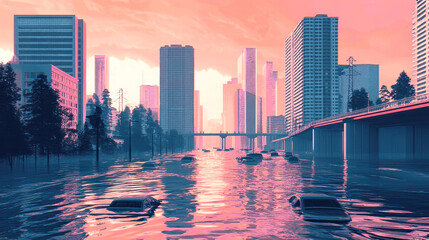 Fototapeta premium Flooded cityscape depicting sea level rise and climate impact