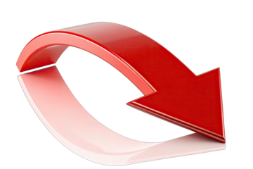 Shiny metallic red arrow symbol curving downwards with reflection isolated on transparent background 