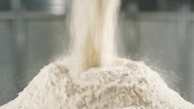 Dynamic video of flour pouring onto a pile in an industrial setting