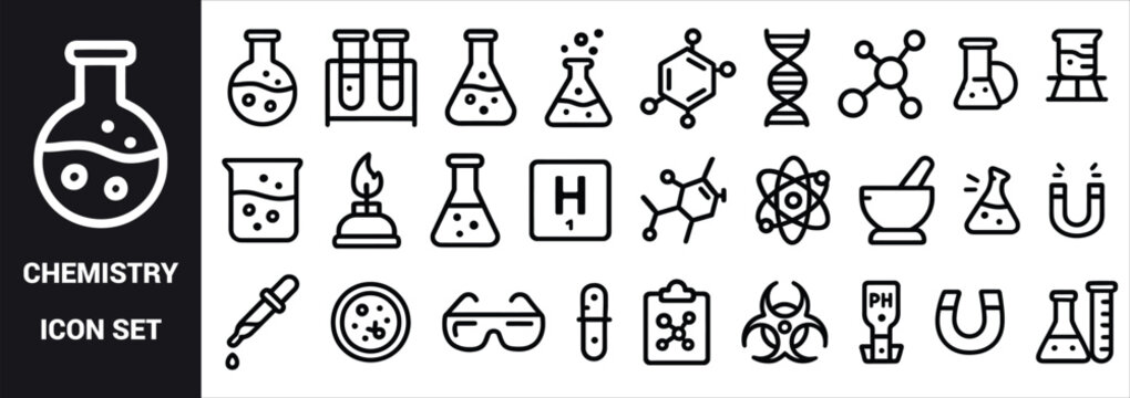 Chemistry science laboratory equipment icons set vector
