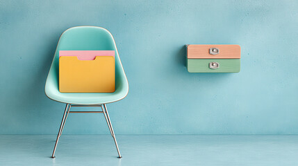 Mint chair with colorful file folder on seat evokes tidy modern office calm