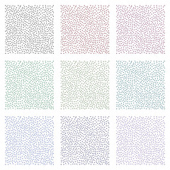 Abstract minimalist stipple dot pattern collection on white background.