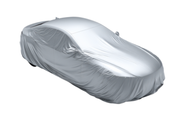 Silver car covered with fabric on black background automobile vehicle