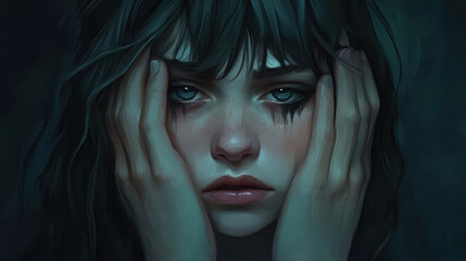 Portrait of emotional darkness and sadness in expressive art