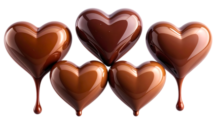 Melting chocolate hearts isolated on transparent background for valentine's day