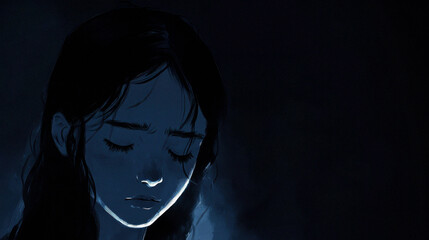 Sad young woman in darkness reflecting emotional pain