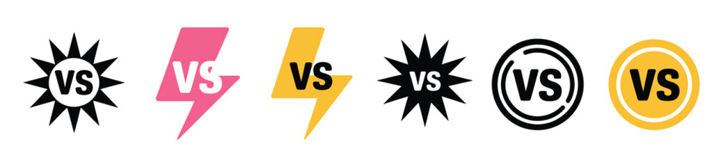 Obraz premium Versus match logo vector set, including 6 vs text designs with starburst effects, lightning bolt accents, circular backgrounds, ideal for gaming tournaments, online competitions, and vector branding 
