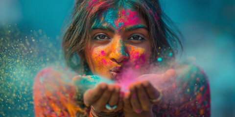 Front view portrait of an Indian girl blowing colorful powder, Holi festival celebration, vibrant colors