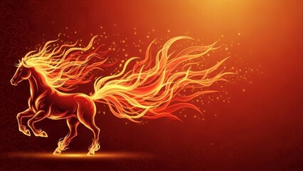 Majestic Fire Horse Running Illustration. Dynamic mythical stallion with glowing flame mane and tail on a vibrant red and orange background, representing power and speed.