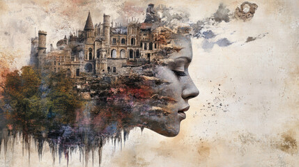 Surreal female portrait blending into historic castle architecture