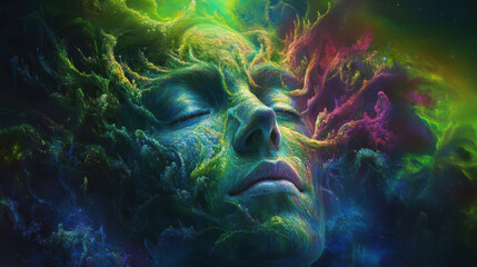 Surreal face merging with colorful cosmic organic textures