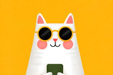Fototapeta premium Cat wearing sunglasses holds a green object with a bright yellow background during a sunny day