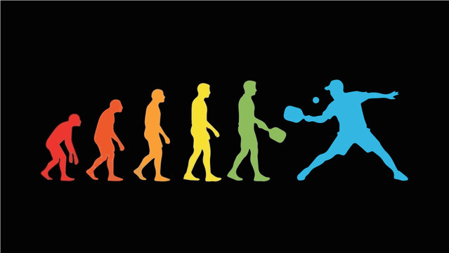 Evolution of Man to Pickleball Player - Colorful Silhouette Graphic of Human Progress from Ape to Athlete with Paddle and Ball