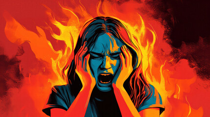 Woman in fiery panic attack, conceptual mental health illustration