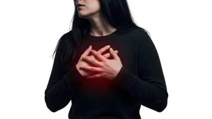 Woman clutching her chest with a glowing red heart on her shirt isolated on transparent background