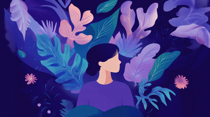Woman surrounded by nature, mental health awareness concept