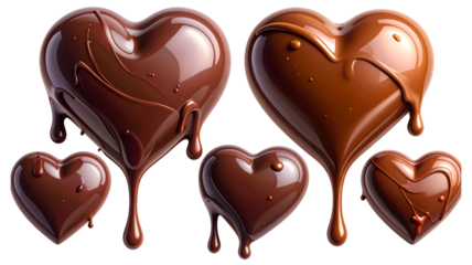 Melting chocolate hearts isolated on transparent background for valentine's day