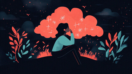 Woman under emotional cloud in mental health concept illustration