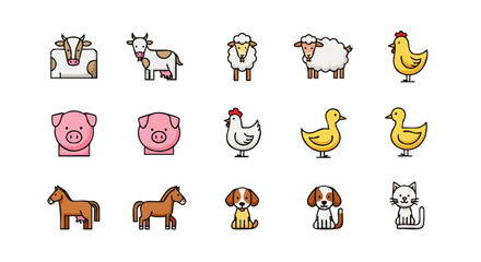 Fototapeta premium Collection of charming cartoon farm animal icons featuring cows, pigs, sheep, chickens, ducks, horses, dogs, and cats in a playful style