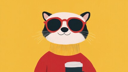 Fototapeta premium Cat wearing sunglasses and holding a cup stands against a yellow background