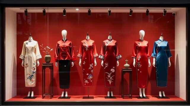 Retail window display featuring traditional Chinese qipao