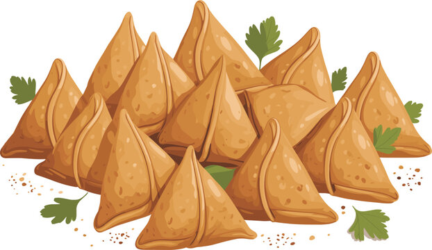 Fried samosa snack vector illustration, traditional Indian savory pastry platter with parsley garnish