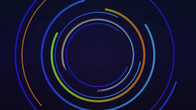 Abstract light circles pulsate with vibrant color against a dark blue background