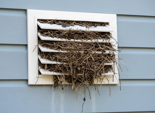 Clogged Dryer Vent with Bird Nest Symbolizing Maintenance Issues, Home Repair, and Hvac Problems, Laundry, Household Chores