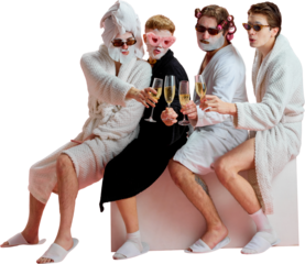 Four men in bathrobes drinking champagne during spa party on transparent background. Concept of bachelor party alternative, lifestyle celebration visuals for ads and entertainment branding.