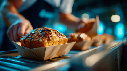 Freshly baked loaf in paper tray moving along a modern bakery conveyor line under warm industrial lighting