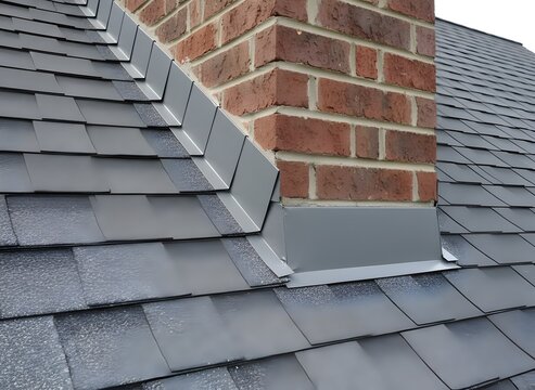 Roof with Grey Shingles and Red Brick Chimney Symbolizing Residential Architecture and Construction, Building Maintenance, and Home Improvement