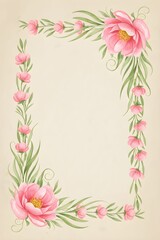 A delicate floral frame with pink flowers and green leaves on a soft beige background