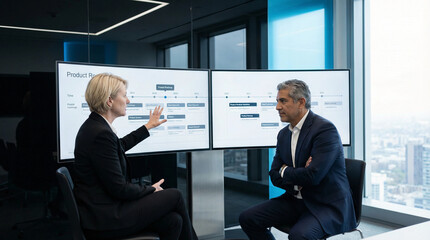 Business professionals discussing a product roadmap on large screens in a modern office