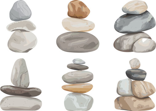 Balanced stone cairn vector set, zen pebble stacks for meditation spa and wellness design