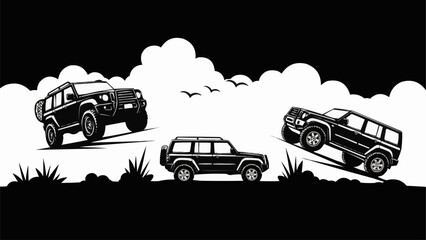 Three rugged off road vehicles driving on a dirt track with clouds overhead. © adel