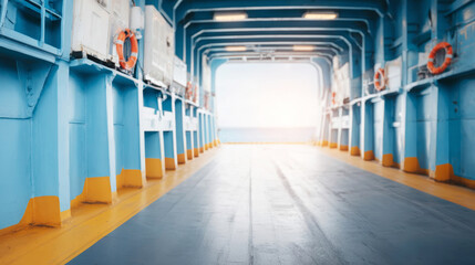 Vehicle deck inside a ferry boat or cargo ship, leading to an open sea view. Reflecting light on the floor