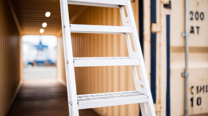 Fototapeta premium Shipping container interior with a narrow ladder leading up, representing industrial logistics, supply chain, and transport