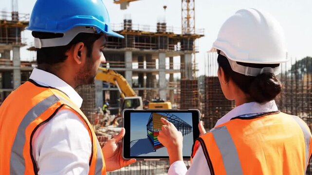 Construction workers review 3D model on tablet at building site