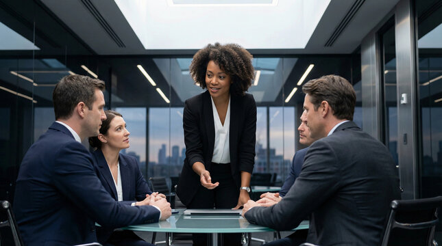 Confident Black female executive leading a strategic boardroom meeting with diverse team