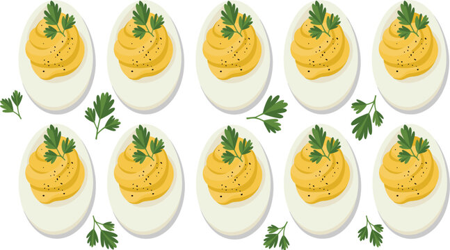 Deviled eggs vector set, classic hard boiled egg halves with creamy filling and parsley garnish